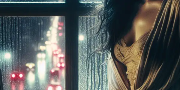 A woman gazes out a rain-soaked window, reflecting on infidelity amid a tense, dimly lit apartment.