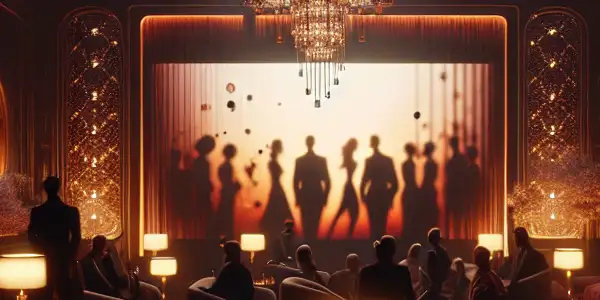 A luxurious adult entertainment club with plush furnishings, ambient lighting, and abstract art, creating an inviting and mysterious atmosphere.