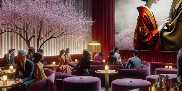 A luxurious adult club scene with plush seating, ambient lighting, diverse patrons, and a classic Japanese film.