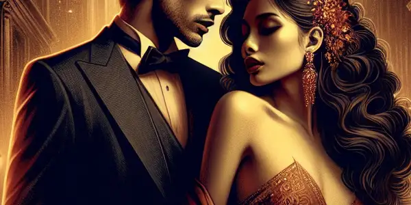 A passionate couple embraces in a dimly lit urban setting, evoking romance and intrigue amidst a classic film noir backdrop.