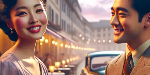 A charming couple shares a playful moment in a picturesque European city at dusk, surrounded by warm streetlights and a quaint café.