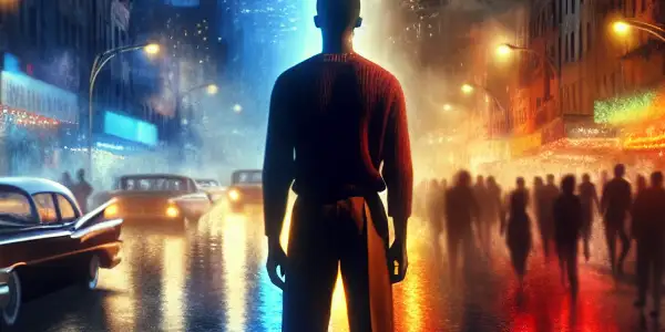 A Black young man stands at a crossroads in a vibrant urban setting, symbolizing identity and resilience.