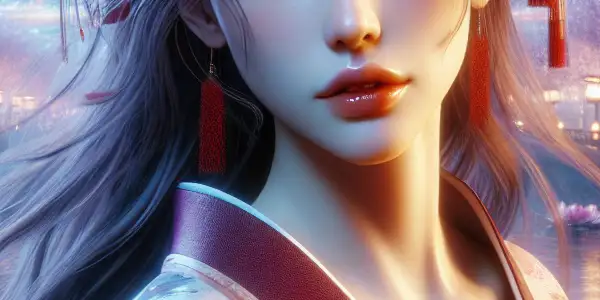 A captivating portrait of a fictional female character in a traditional kimono, set against a dreamy Japanese landscape.