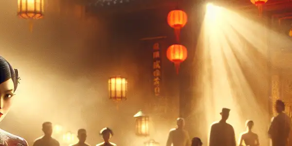 A dimly lit film set featuring Xu Jinglei in traditional attire, blending historical and contemporary elements of Hong Kong cinema.