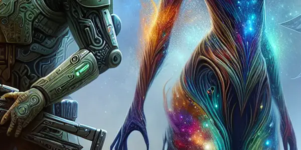 A dynamic space battlefield featuring a Terran warrior, a seductive Zerg creature, and an ethereal Protoss figure.