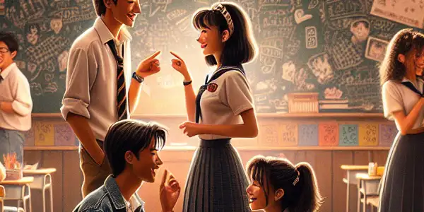 A lively school reunion scene with diverse young adults interacting joyfully in a nostalgic classroom setting.