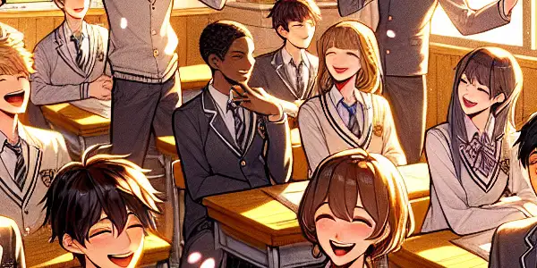 A nostalgic Japanese school reunion in a sunlit classroom with attractive young adults in stylish uniforms, playful interactions, and cherry blossoms.