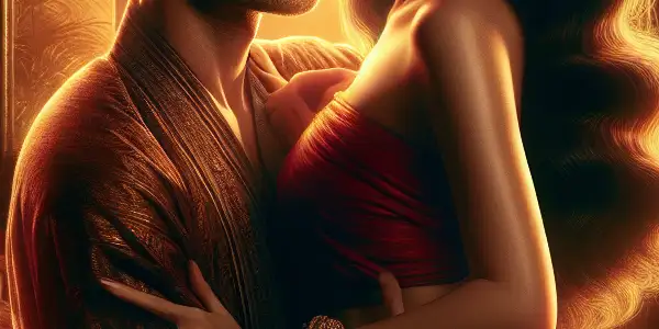 A passionate couple embraces in a luxurious Thai villa, surrounded by tropical foliage and flickering candlelight.