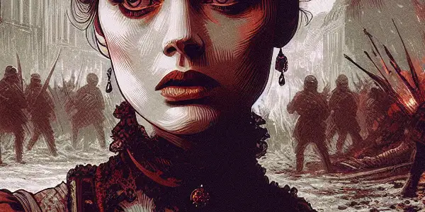 A resilient courtesan stands in war-torn France, embodying strength and sorrow amidst chaos and societal judgment.