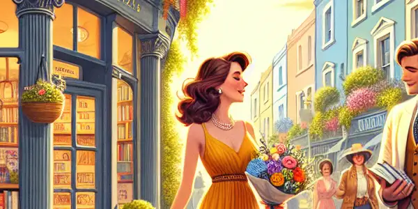 A charming Notting Hill street with a cozy bookshop, a handsome man, and an elegantly dressed woman holding flowers.