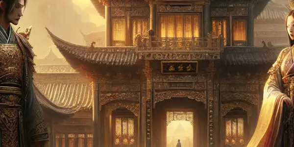 A dramatic encounter between a warlord and a mysterious woman at the grand Copper Sparrow Terrace in ancient China.