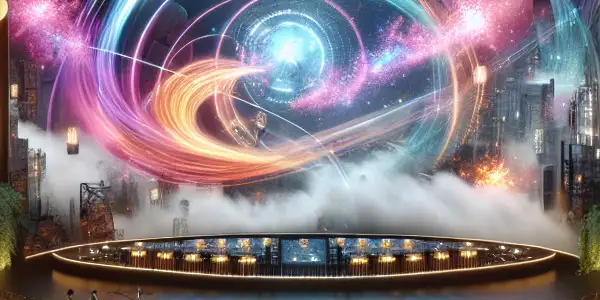 A futuristic cinema hall featuring a curved screen, diverse audience, and elements of Japanese culture in a vibrant atmosphere.