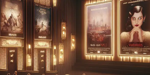 A modern cinema interior featuring plush red seats, a large screen, and diverse movie posters, creating an intimate atmosphere.