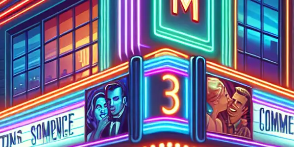 A bustling modern cinema exterior at dusk with a diverse crowd, vibrant marquee, and neon lights.