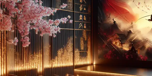 A luxurious, dimly lit room with plush seating and a large screen showcasing abstract representations of Japanese adult films.