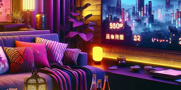 A cozy living room with a large TV displaying neon titles, popcorn, drinks, and hints of Japanese culture.