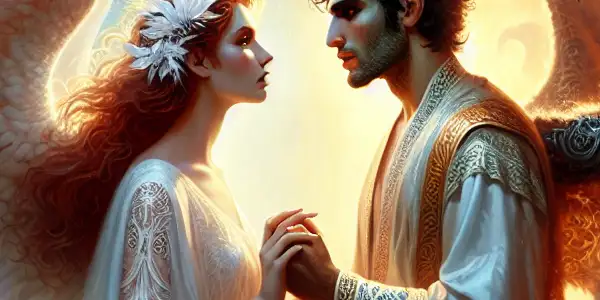 An angel and a demon share a passionate gaze in a surreal landscape of light and darkness, symbolizing forbidden love.