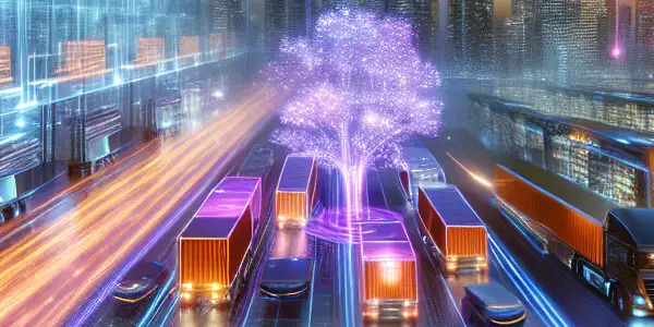 A futuristic distribution center with drones, robots, and people using VR headsets in a dynamic adult film logistics environment.