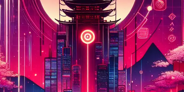 A vibrant digital landscape featuring a red envelope symbol, stylized characters, and iconic Japanese settings, evoking adult entertainment themes.