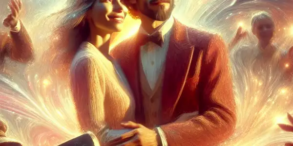 A vibrant adult film studio scene featuring two actors expressing intimacy, joy, and connection amidst ethereal lights and flowing patterns.