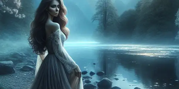 A moonlit riverside scene with a longing female protagonist in a flowing gown, surrounded by cherry blossoms.