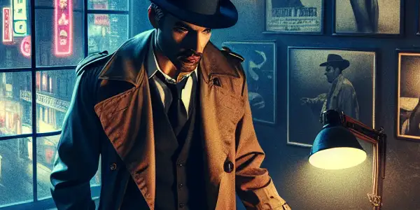 A charismatic detective examines infidelity photographs in a dimly-lit office, surrounded by shadows and a vibrant cityscape.