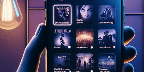 A sleek smartphone displaying an adult entertainment app interface in a cozy, dimly-lit room.