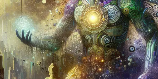 A giant humanoid figure towers over a vibrant, surreal cityscape, interacting with smaller human figures in a fantastical setting.