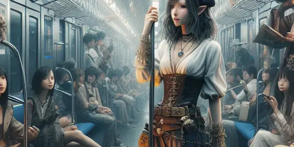 A bustling urban subway scene featuring a mysterious female "Electric Train Witch" surrounded by intrigued passengers.<a href=